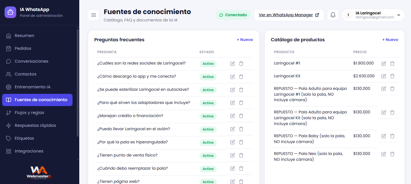 Panel del portal IA para WhatsApp: catálogo de productos y preguntas frecuentes